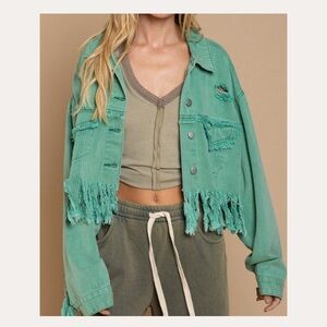 POL Pink Distressed Cropped Denim Jacket Small Frayed Hem Oversized